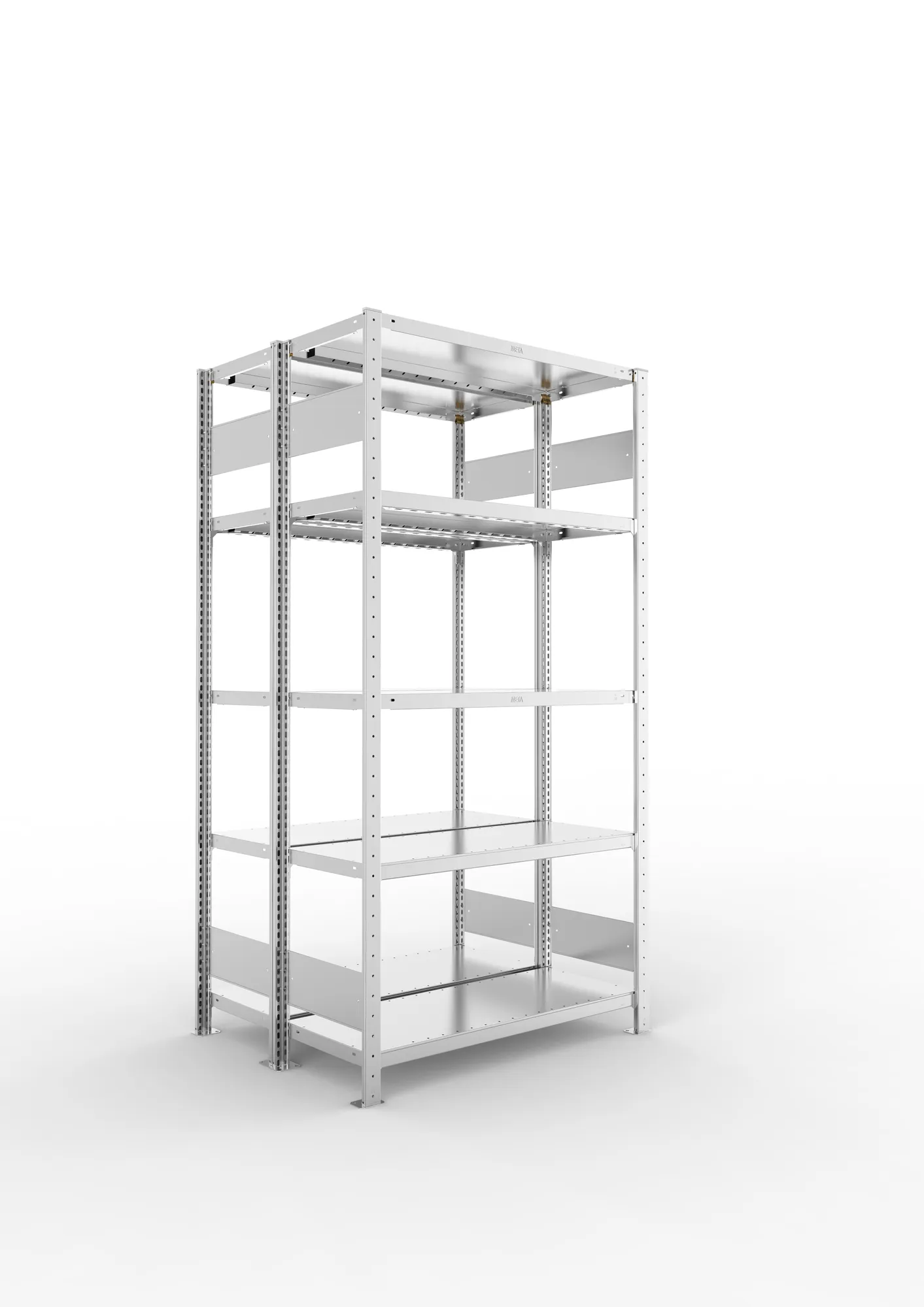 META CLIP S3 | Fachbodenregal | Doppel-Grundregal | 2000 x 1000 x 400 mm | Fachlast 230 kg | 4+1 Ebenen | Längsriegel | verzinkt