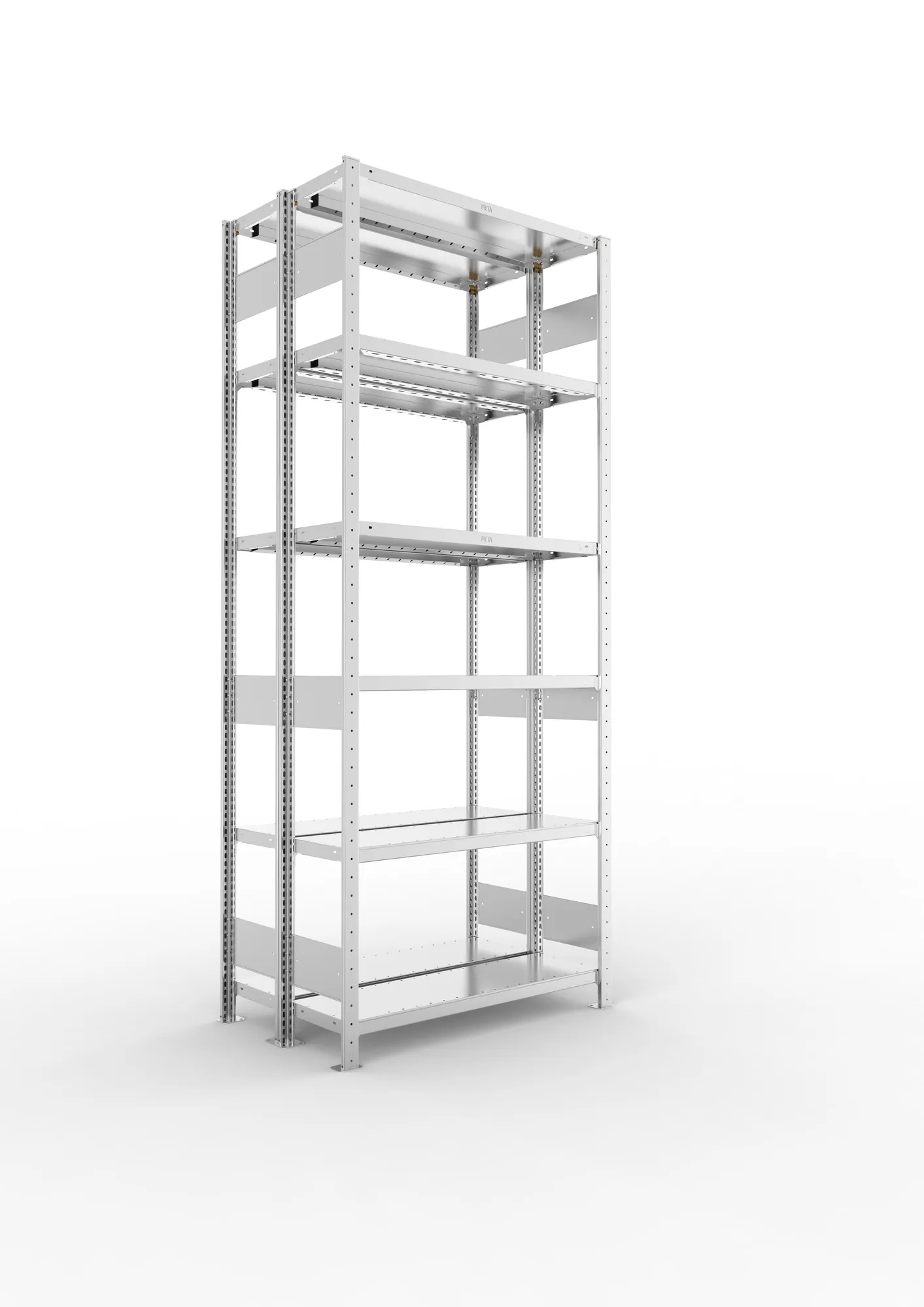 META CLIP S3 | Fachbodenregal | Doppel-Grundregal | 2500 x 1000 x 300 mm | Fachlast 230 kg | 5+1 Ebenen | Längsriegel | verzinkt