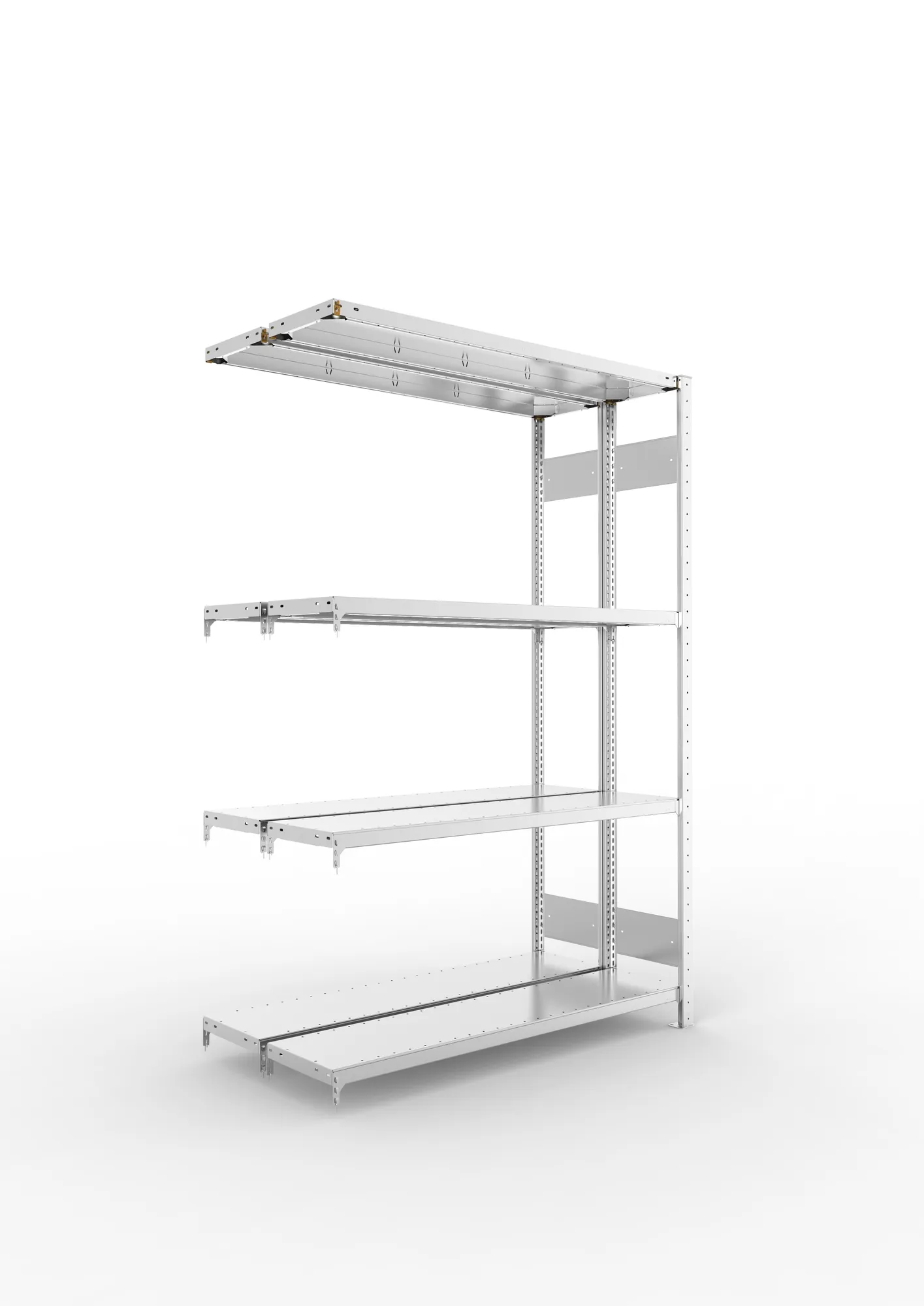 META CLIP S3 | Fachbodenregal | Doppel-Anbauregal | 2000 x 1300 x 300 mm | Fachlast 230 kg | 3+1 Ebenen | Längsriegel | verzinkt