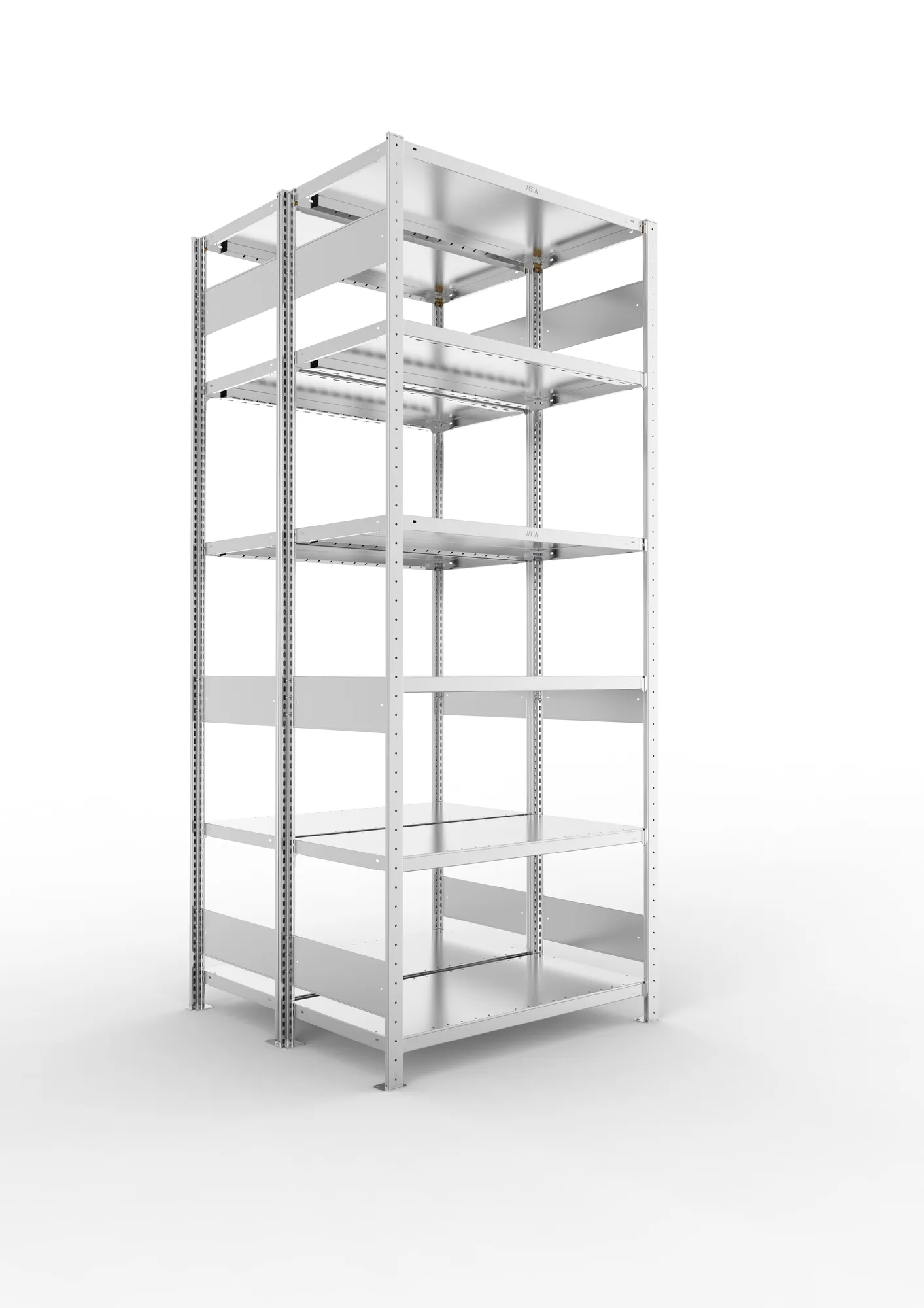 META CLIP S3 | Fachbodenregal | Doppel-Grundregal | 2500 x 1000 x 500 mm | Fachlast 230 kg | 5+1 Ebenen | Längsriegel | verzinkt