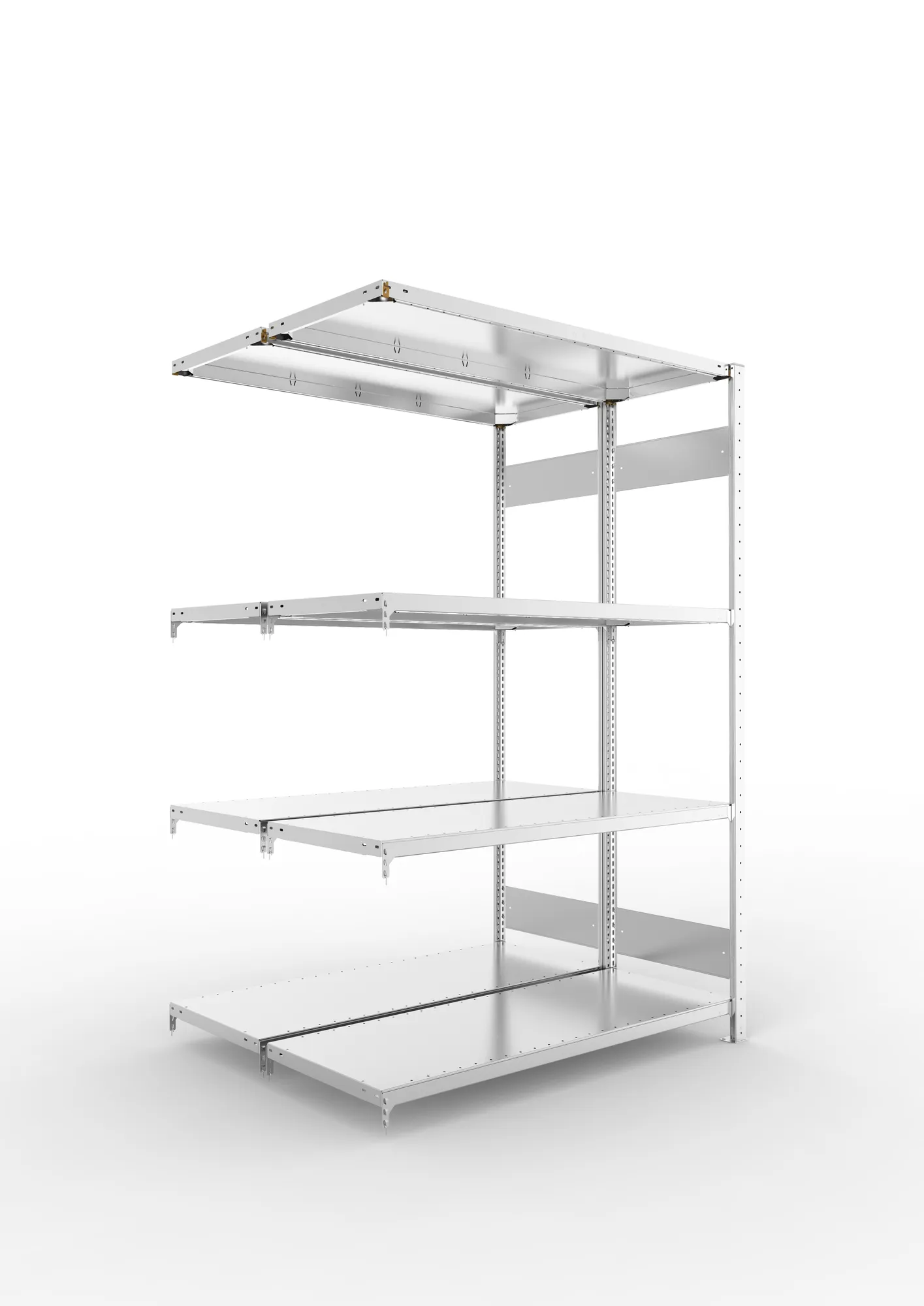 META CLIP S3 | Fachbodenregal | Doppel-Anbauregal | 2000 x 1300 x 500 mm | Fachlast 230 kg | 3+1 Ebenen | Längsriegel | verzinkt