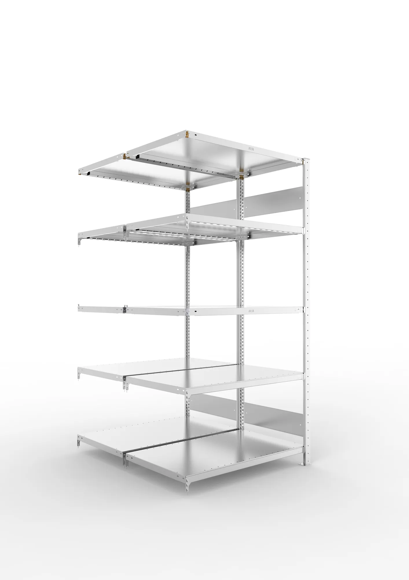 META CLIP S3 | Fachbodenregal | Doppel-Anbauregal | 2000 x 1000 x 600 mm | Fachlast 230 kg | 4+1 Ebenen | Längsriegel | verzinkt