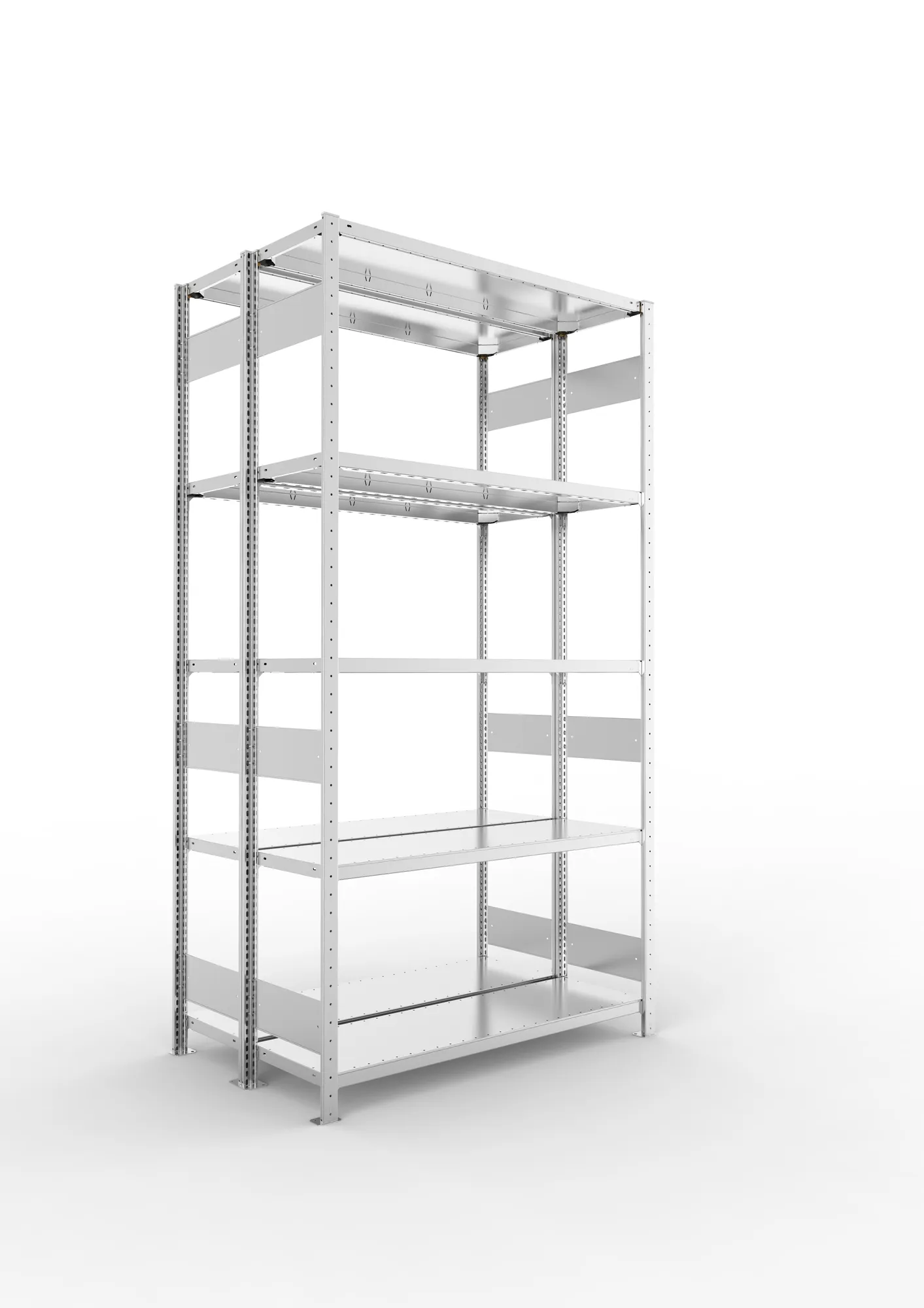 META CLIP S3 | Fachbodenregal | Doppel-Grundregal | 2500 x 1300 x 400 mm | Fachlast 230 kg | 4+1 Ebenen | Längsriegel | verzinkt
