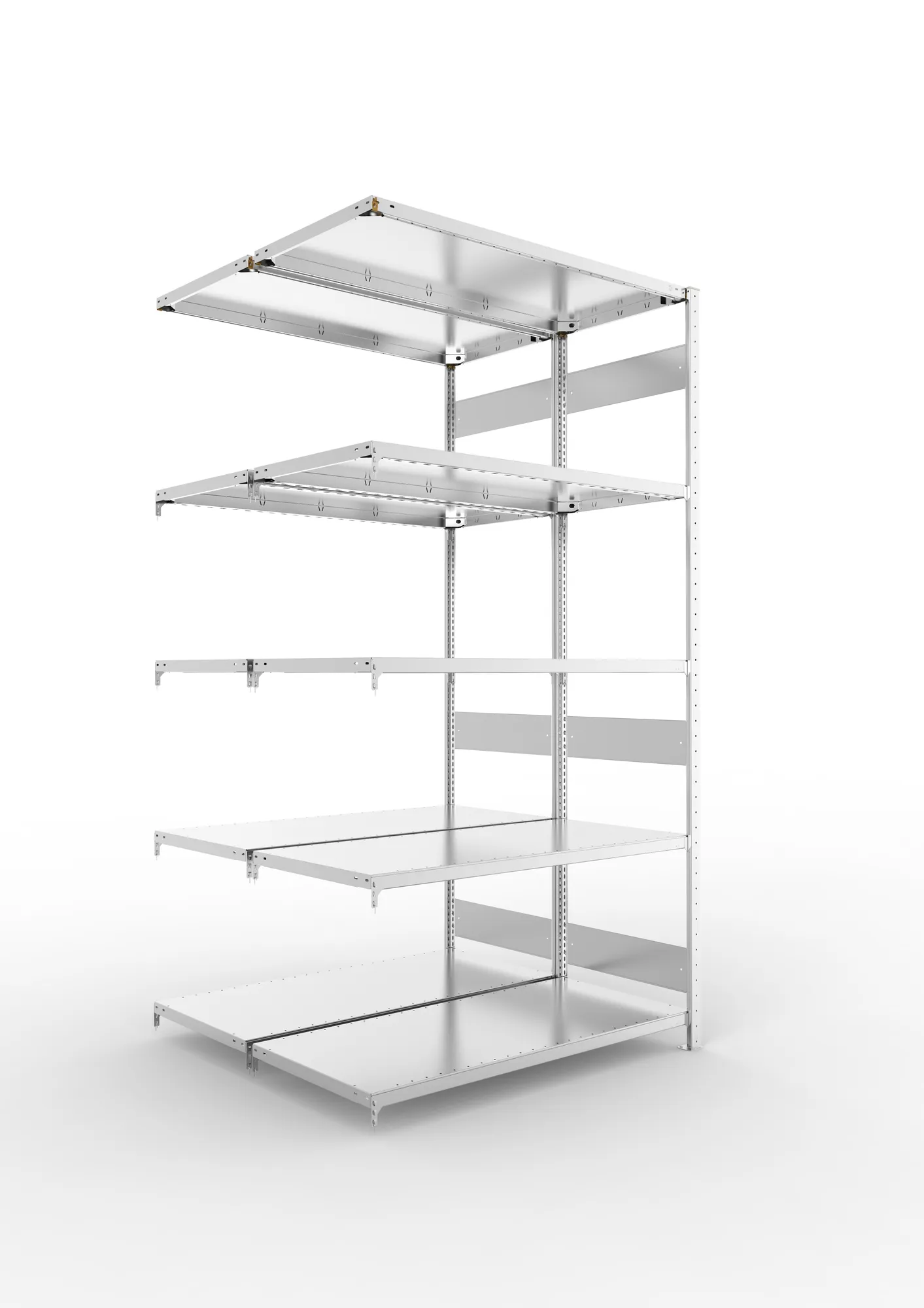 META CLIP S3 | Fachbodenregal | Doppel-Anbauregal | 2500 x 1300 x 600 mm | Fachlast 230 kg | 4+1 Ebenen | Längsriegel | verzinkt