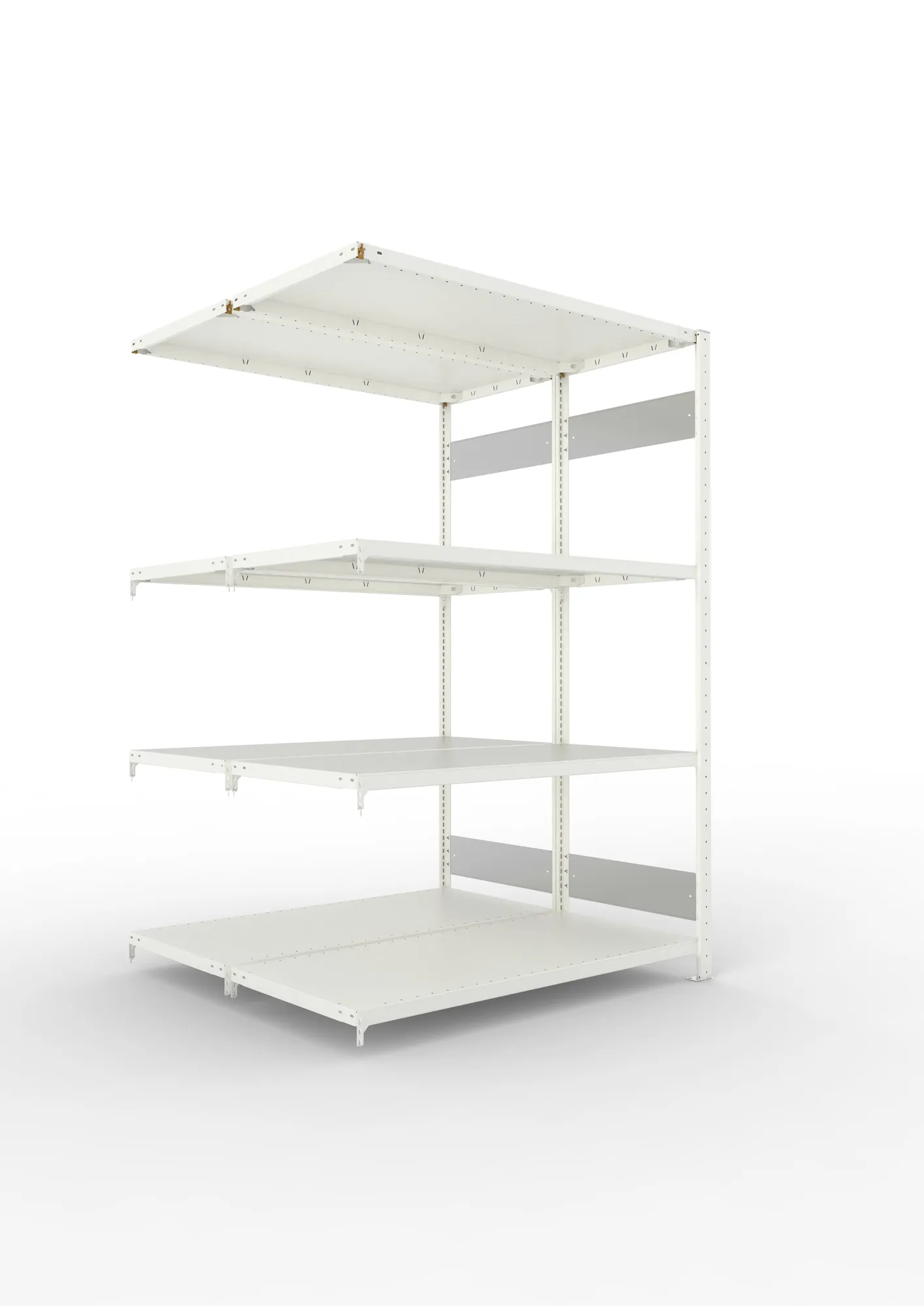 META CLIP S3 | Fachbodenregal | Doppel-Anbauregal | 2000 x 1300 x 600 mm | Fachlast 230 kg | 3+1 Ebenen | Längsriegel | RAL 7035
