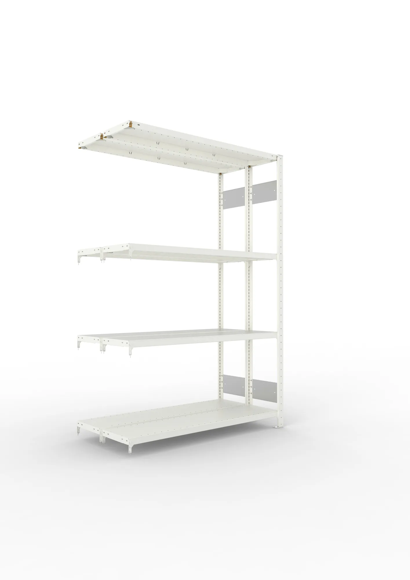 META CLIP S3 | Fachbodenregal | Doppel-Anbauregal | 2000 x 1300 x 300 mm | Fachlast 230 kg | 3+1 Ebenen | Längsriegel | RAL 7035