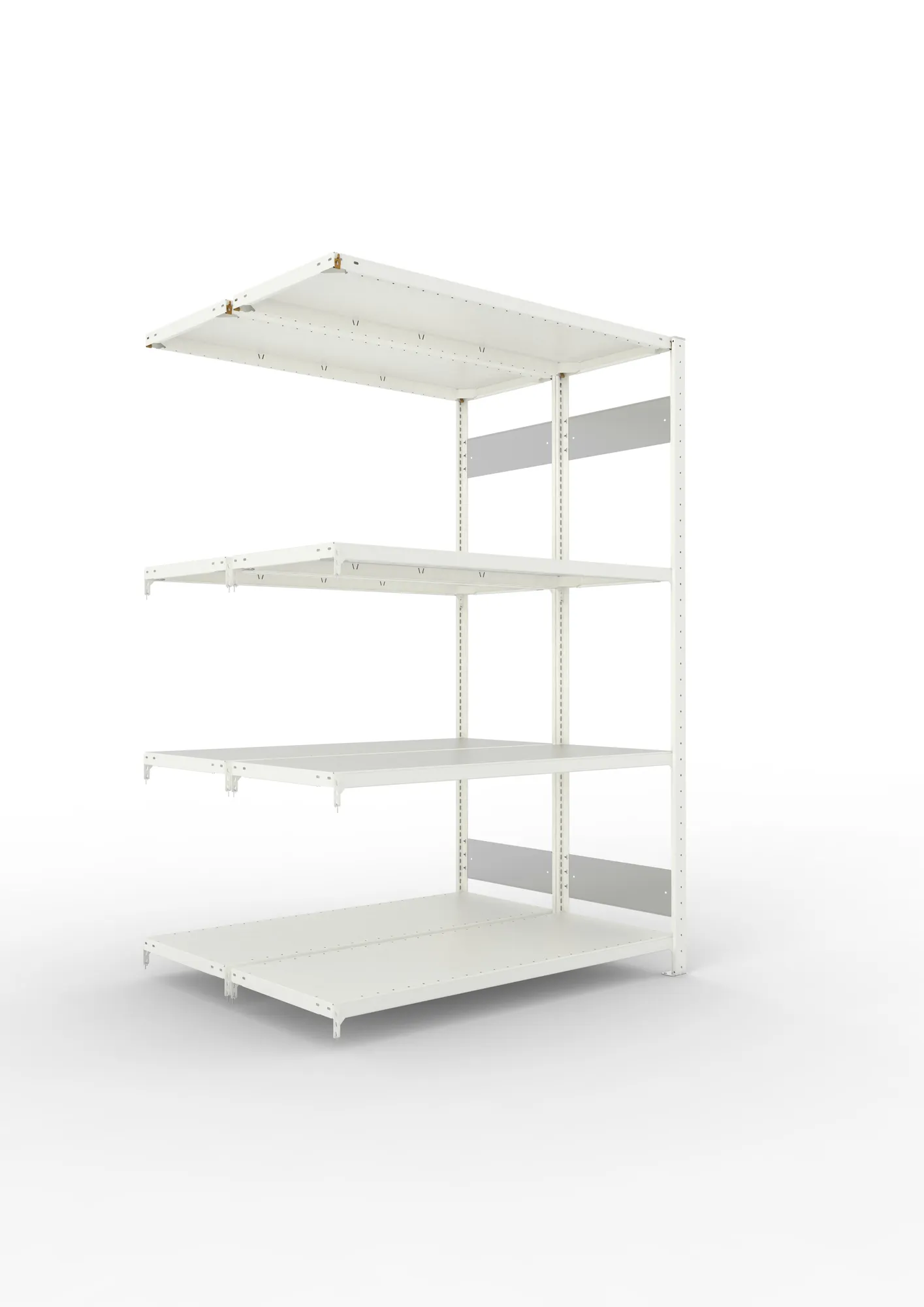 META CLIP S3 | Fachbodenregal | Doppel-Anbauregal | 2000 x 1300 x 500 mm | Fachlast 230 kg | 3+1 Ebenen | Längsriegel | RAL 7035