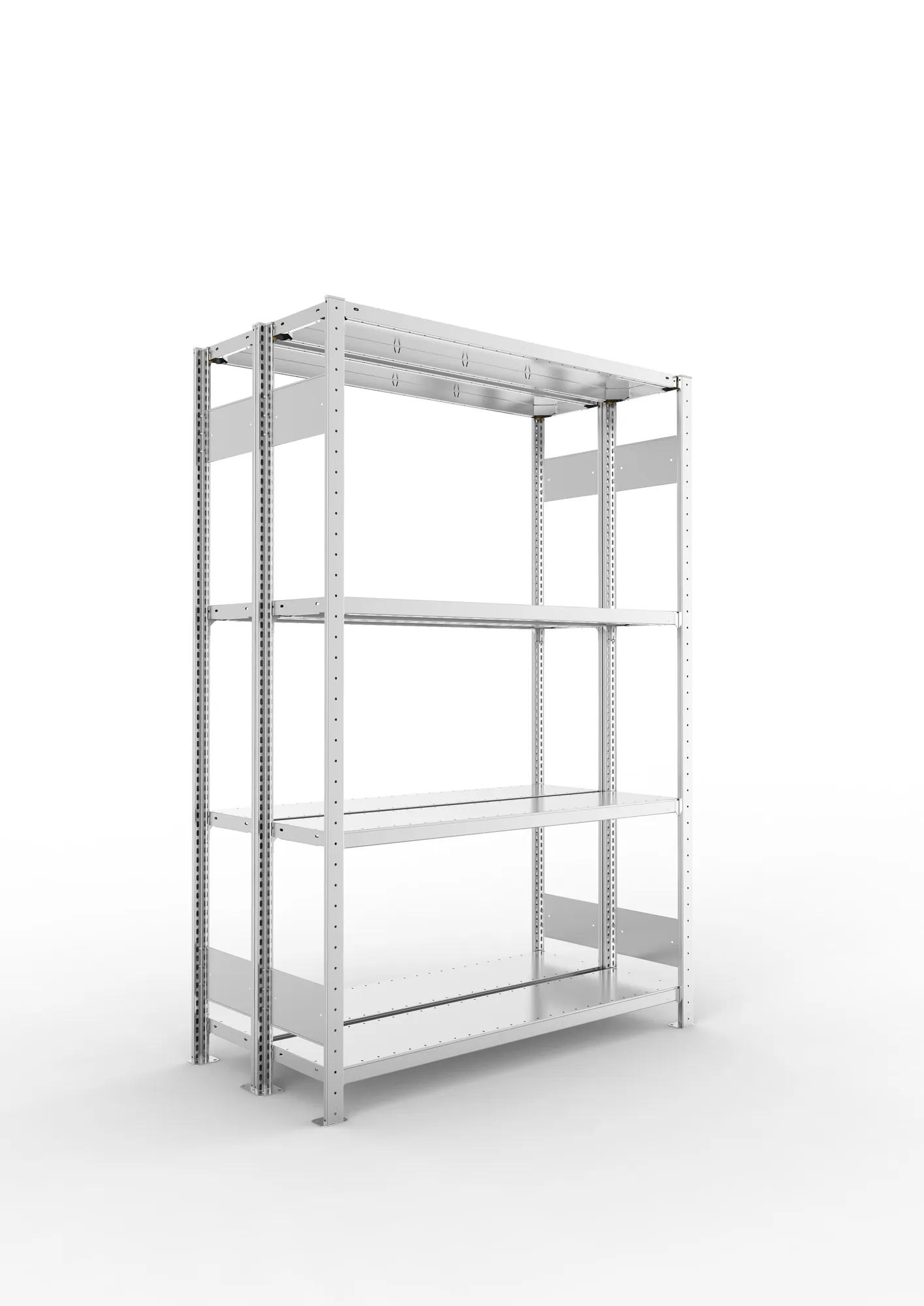META CLIP S3 | Fachbodenregal | Doppel-Grundregal | 2000 x 1300 x 300 mm | Fachlast 230 kg | 3+1 Ebenen | Längsriegel | verzinkt