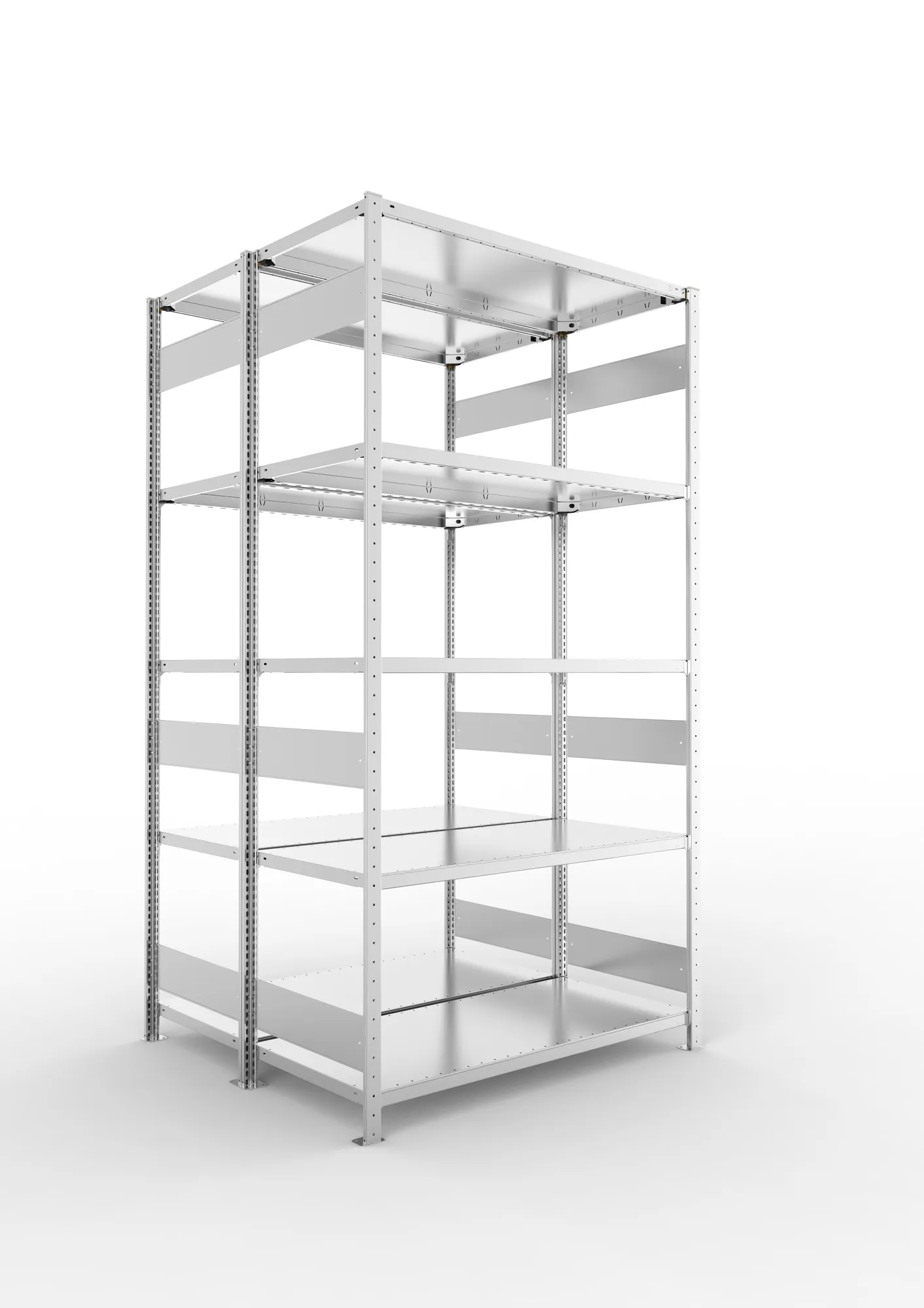 META CLIP S3 | Fachbodenregal | Doppel-Grundregal | 2500 x 1300 x 600 mm | Fachlast 230 kg | 4+1 Ebenen | Längsriegel | verzinkt