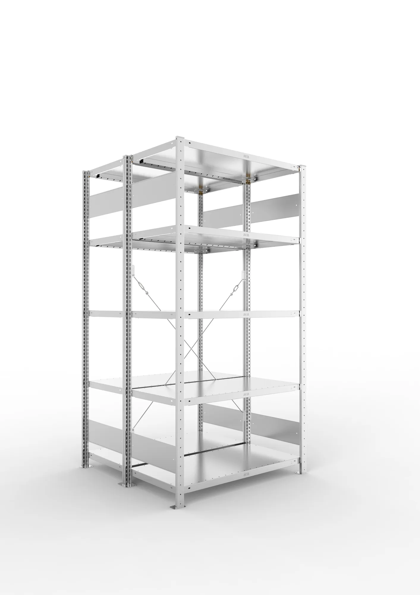 META CLIP S3 | Fachbodenregal | Doppel-Grundregal | 2000 x 1000 x 500 mm | Fachlast 230 kg | 4+1 Ebenen | verzinkt
