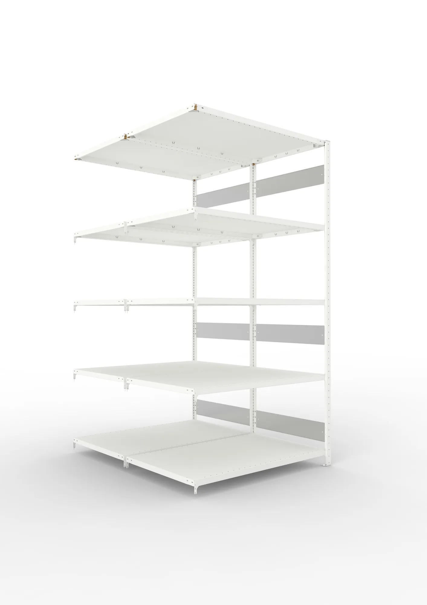META CLIP S3 | Fachbodenregal | Doppel-Anbauregal | 2500 x 1300 x 800 mm | Fachlast 230 kg | 4+1 Ebenen | Längsriegel | RAL 7035