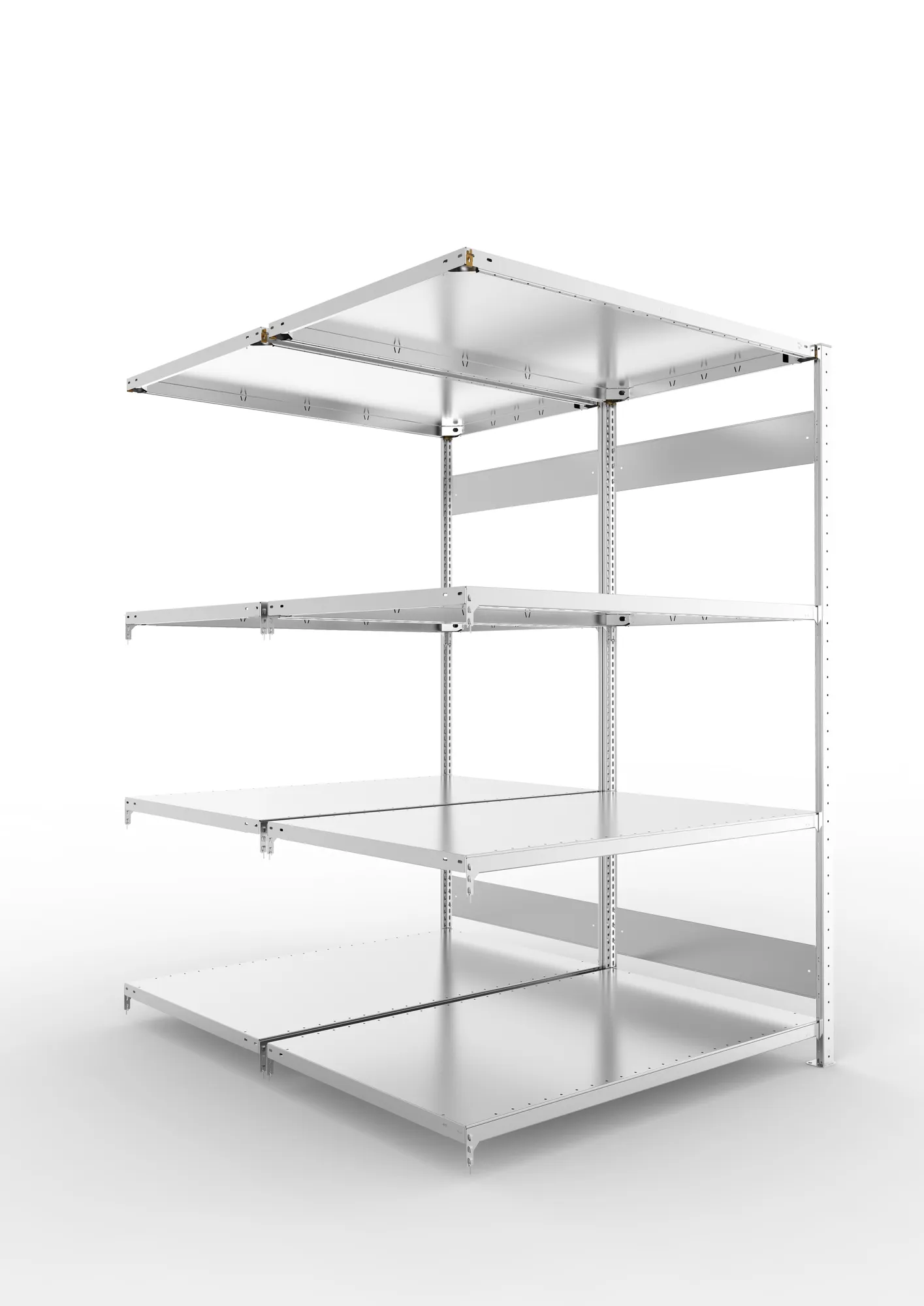 META CLIP S3 | Fachbodenregal | Doppel-Anbauregal | 2000 x 1300 x 800 mm | Fachlast 230 kg | 3+1 Ebenen | Längsriegel | verzinkt