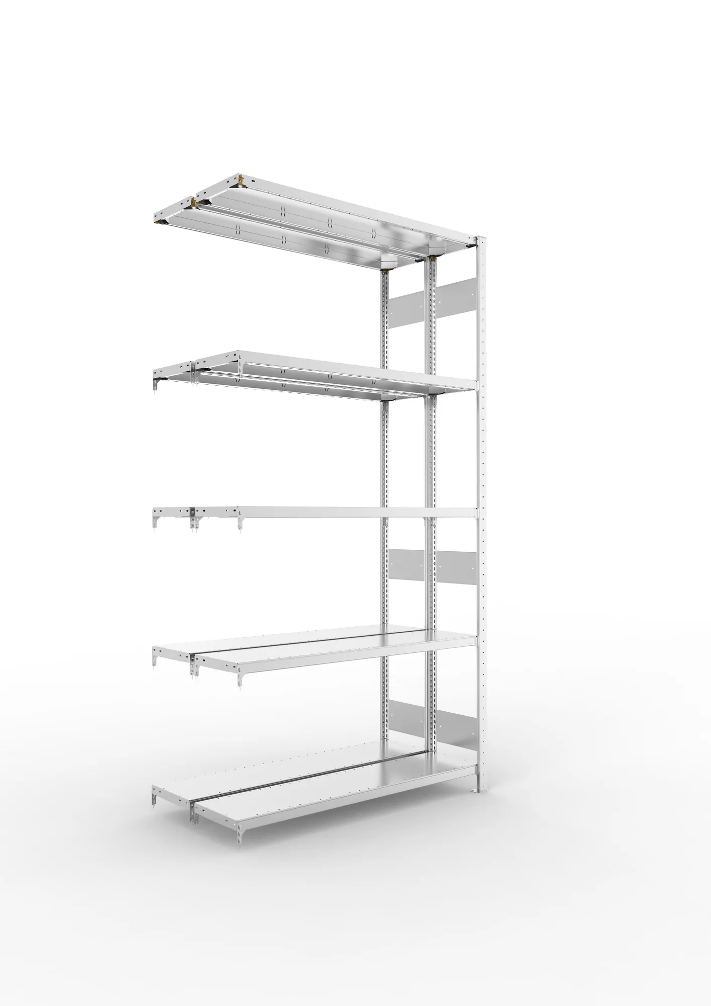 META CLIP S3 | Fachbodenregal | Doppel-Anbauregal | 2500 x 1300 x 300 mm | Fachlast 230 kg | 4+1 Ebenen | Längsriegel | verzinkt