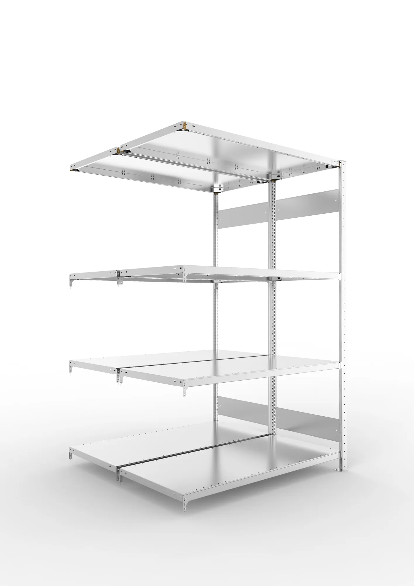 META CLIP S3 | Fachbodenregal | Doppel-Anbauregal | 2000 x 1300 x 600 mm | Fachlast 230 kg | 3+1 Ebenen | Längsriegel | verzinkt